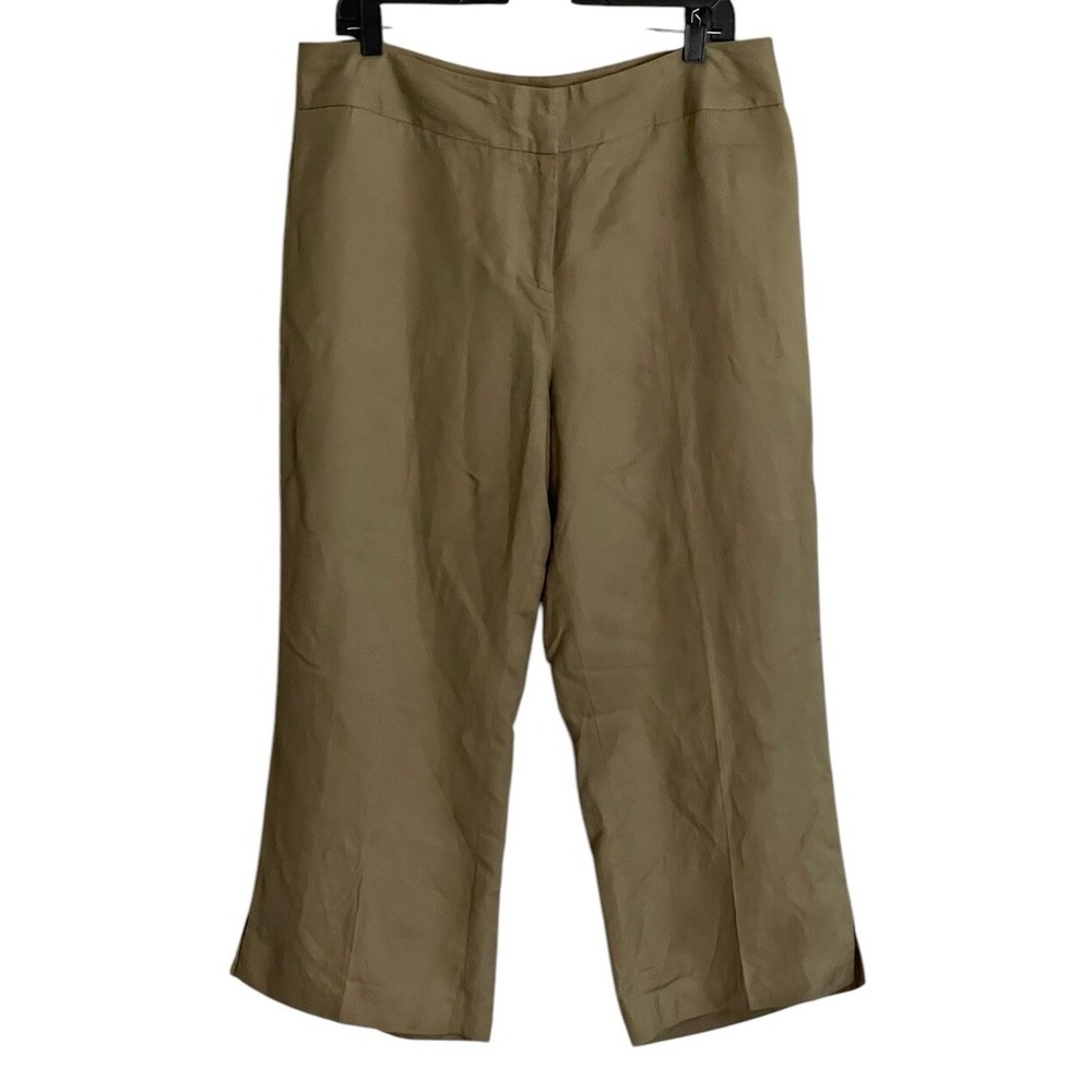 Womens Cropped Linen Blend Pants Sz 14 Khaki Green Comfort Relaxed